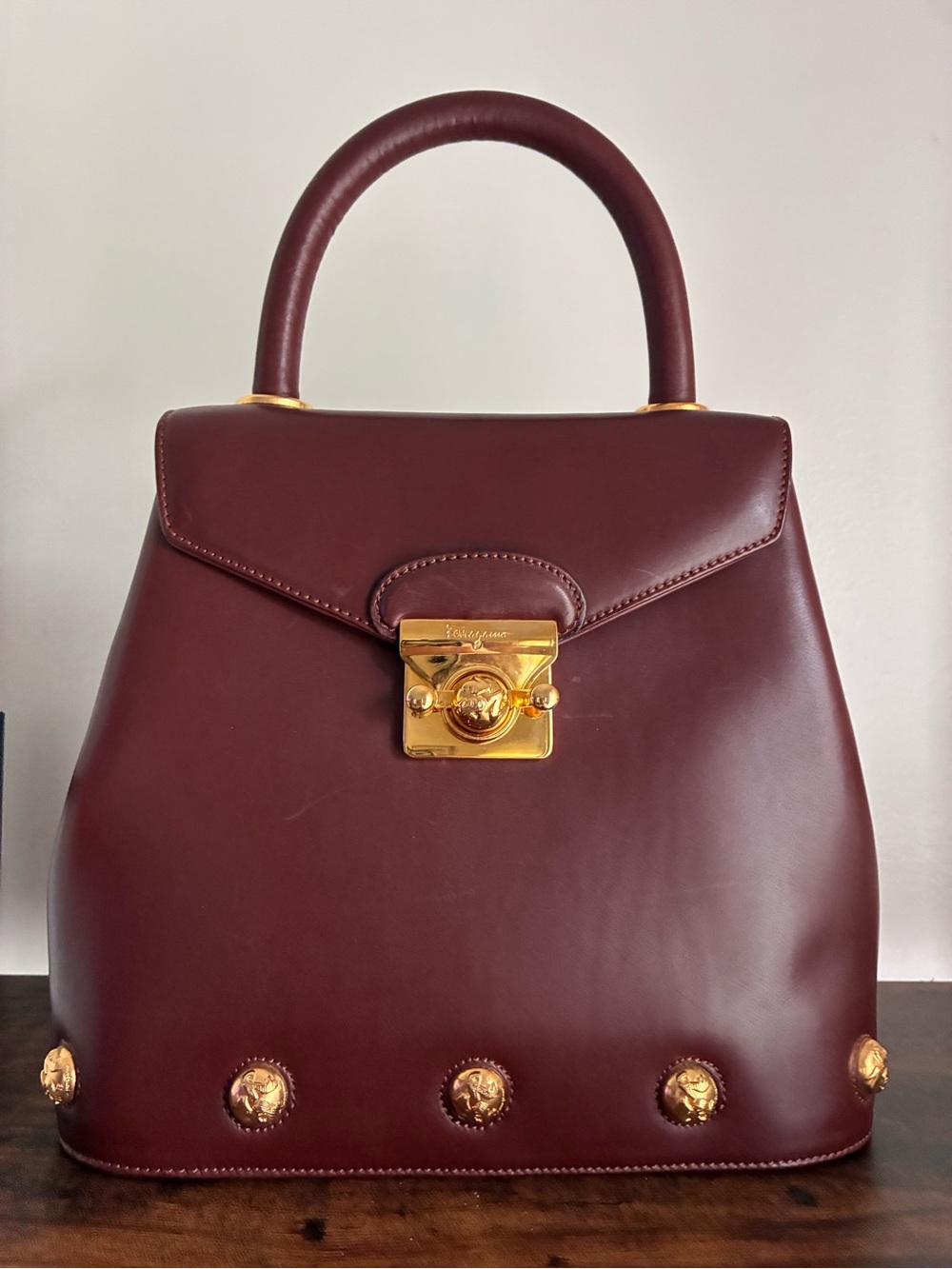 Vintage Salvatore Ferragamo Burgundy Leather Top-Handle Bag with Gold Hardware